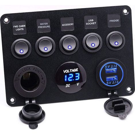 Prise allume-cigare,5 Gang Panneau de Interrupteur à Bascule ON-OFF Avec Chargeur Double USB Avec Imperméable Voltmètre Numérique Avec Allume-Cigare pour Voiture Bateau Camion RV Camping-Car (Bleu) (1/5)