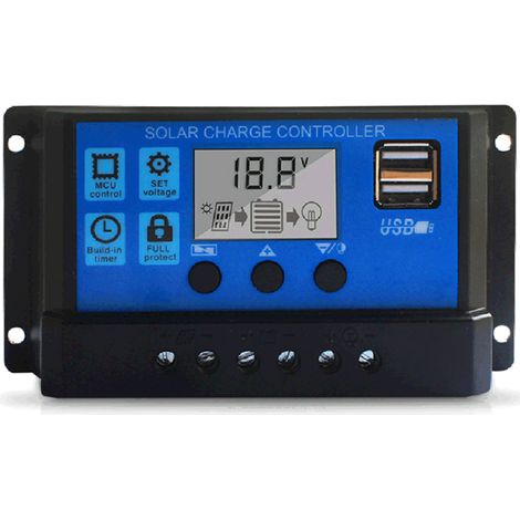 Controlador de carga solar de 20 A, controlador inteligente de batería solar con puerto USB integrado y pantalla LCD multifunción ajustable para alumbrado público. (1/5)