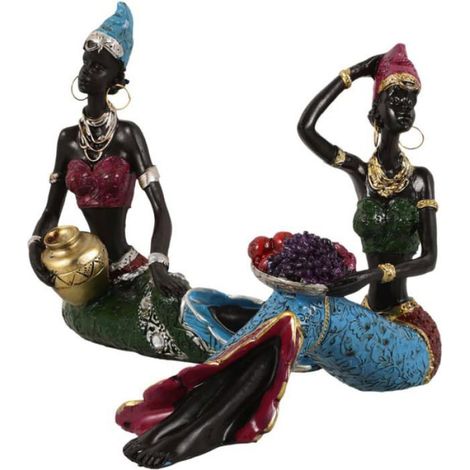 Statue Femme Style Africain Vintage en Résine, Lot de 2 Pièces pour Décoration Intérieure Salon et Bureau (1/5)