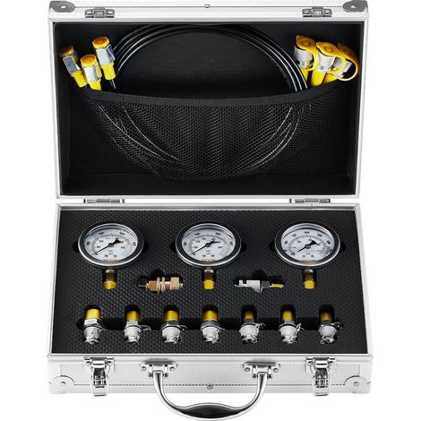 Kit de test de pression hydraulique 250/400/600bar avec 3 manomètres, 9 raccords et 3 tuyaux, pour excavateurs et machines de (1/5)