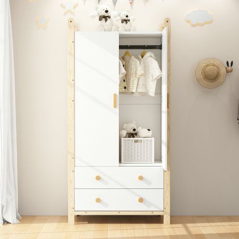 VVBV Armoire de rangement, penderie intégrée, tiroirs, 90 x 45 x 180 cm, Blanc, en Solid Wood+MDF (1/5)