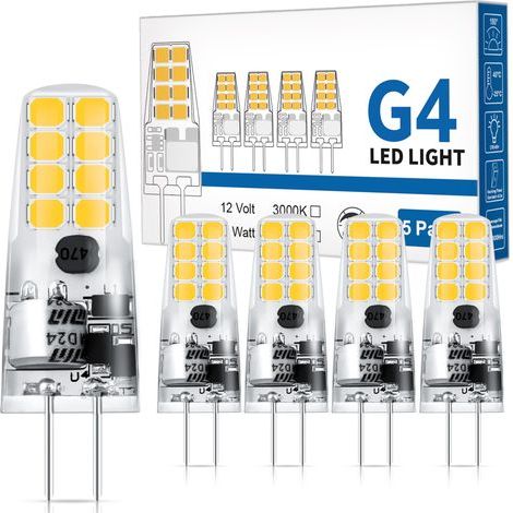 Ampoule LED G4 12V AC/DC, 300LM Blanc Chaud 3000K, 2W Équivalent 25W Ampoule Halogène, Sans Scintillement, Non-Dimmable, LED 12V pour Lustre, Hotte d'aspiration pour la Cuisine, Lot de 5 [Classe énerg (1/5)