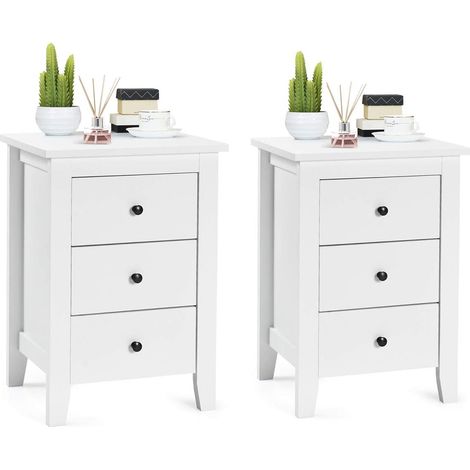COSTWAY Table de Chevet Lot de 2 avec 3 Tiroirs, Table de Nuit Moderne pour Chambre à Coucher, Bout de Canapé pour Salon, 46 x 37 x 65 cm, Blanc (1/5)