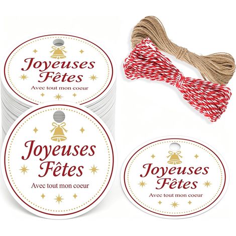 100PCS Étiquette Joyeuses Fêtes : Étiquettes Cadeaux de Noël 5,5 cm avec Motif Cloche et Étoiles&Ficelle pour Emballage Cadeau, Arbre de Noël, DIY et Décoration Hivernale