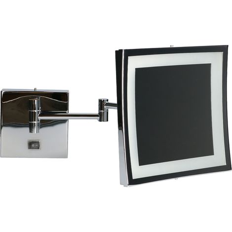 Espejo de Aumento para Maquillaje con Luz LED. Espejo Retroiluminado Cuadrado con Iluminación para Baño con Brazo Extendible y Ajustable. Cromo