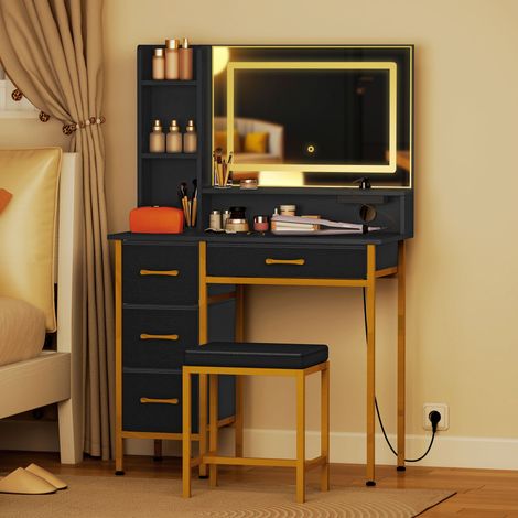 Schminktisch mit Spiegel, LED-Beleuchtung, Ladestation, Hocker, 4 Schubladen, Schwarz