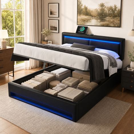 Polsterbett 160 x 200 cm, mit USB-Anschluss (unterstützt kabelloses und kabelgebundenes Laden), mit LED-Beleuchtung und Stauraum, ohne Matratze, PU-Litschi-Muster , Schwarz[OLD SKU:N634P1971067S] (1/5)