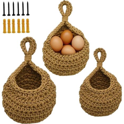 Lot de 3 paniers muraux suspendus rustiques tressés 3 tailles avec crochets pour rangement fruits et légumes de cuisine (1/5)
