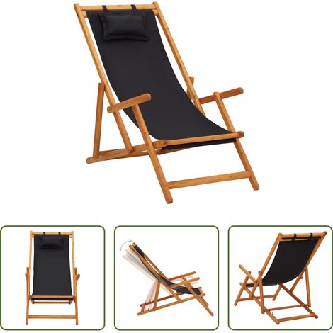 Chaise de jardin - Chaise pliable de plage bois d'eucalyptus solide et tissu noir (1/5)