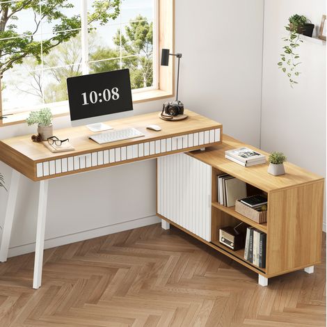 Bureau d’angle en L 140x120x76,5 cm avec 2 tiroirs et grand placard, structure métal, naturel et blanc (1/5)