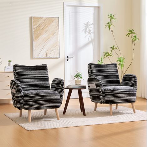 Sillón 77x81x87 cm negro en bouclé con bolsillo lateral y patas de madera (1/5)