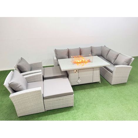Fimous Outdoor Furniture Garden Dining Set Rattan Corner Sofa Chair Set Gas Fire Pit Table with Temper Glass Footstools 10 Seater Light Grey Mixed (1/4)