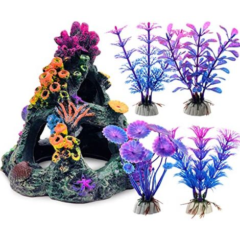 Ensemble récif corallien coloré pour aquarium - 1 ornement de montagne de corail + 4 plantes aquatiques - Accessoires de décoration pour aquarium d'eau douce/d'eau de mer - Cachette et décoration visu (1/5)