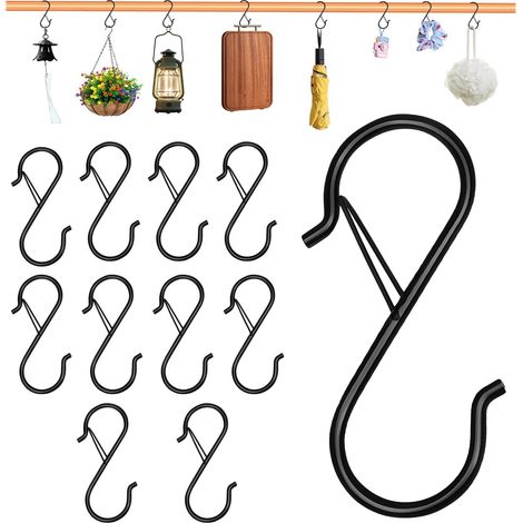 10 Pack Black S Hooks with Safety Buckle, Heavy Duty Metal Hooks for Kitchen, Cabinet, Plants, Pots, Utensils, Clothes and Outdoor Lights (1/5)