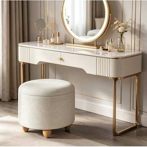 Pouf contenitore rotondo 39 x 33 cm in lino grezzo, MDF e gambe in pino, bianco crema, OKWISH (1/5)