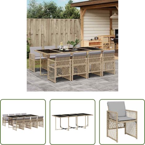 vidaXL Gartentisch -  9-tlg. Garten-Essgruppe mit Kissen Beige Poly Rattan (1/5)