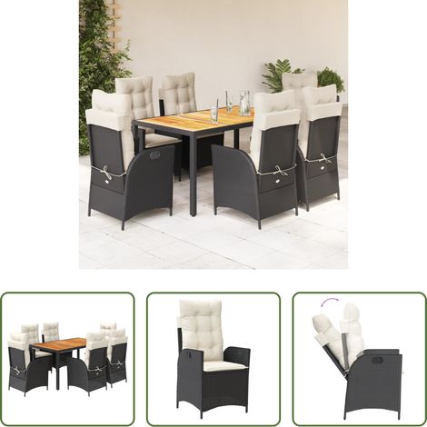 vidaXL Gartentisch - 7-tlg. Garten-Essgruppe mit Kissen Schwarz Poly Rattan (1/5)