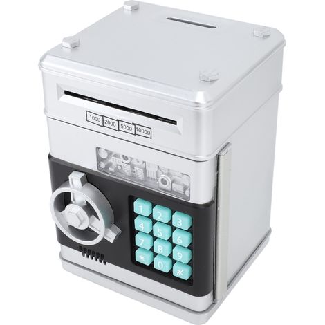 Coffre-fort tirelire banque argent ATM musicale mignonne avec code sécurité décor bureau plastique argent (1/5)