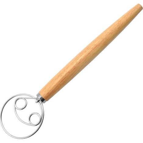 Fouet à pâte 33 cm, fouet danois professionnel, mélangeur à pâte, manche en bois, accessoire pour pâte à pain, double cercle (1/4)