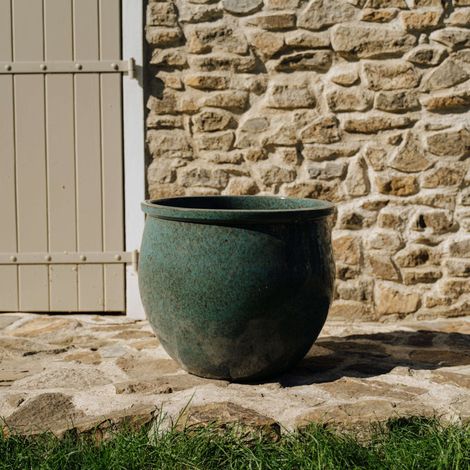 Pot grande taille d'extérieur NEWTON 34x28cm bleu acier, fait main en terre cuite émaillée, résistant au gel (1/4)