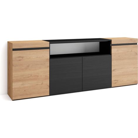 Skraut Home Credenza, Mobile, Cucina Madia, mobile ingresso 200x75x35cm 4 Porte grande stoccaggio Stile moderno Rovere e nero (1/5)