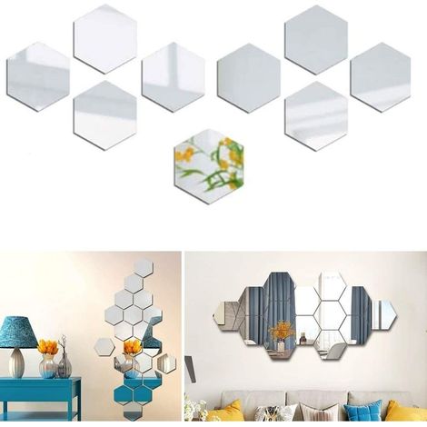 Miroir mural autocollant hexagonal décoratif, idéal pour la chambre, le salon ou une porte, 200 x 230 x 115 mm (Hexagone, 9 pièces) (1/4)
