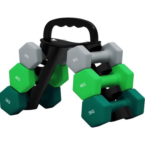 Set de mancuernas hexagonales 6 piezas 2 x 3 kg, 2 x 4 kg, 2 x 5 kg con soporte, multicolor, OKWISH (1/5)
