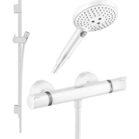 HANSGROHE Pack mezclador termostático de ducha Ecostat Comfort + barra Unica + flexible + rociador Raindance 3 jets blanco mate