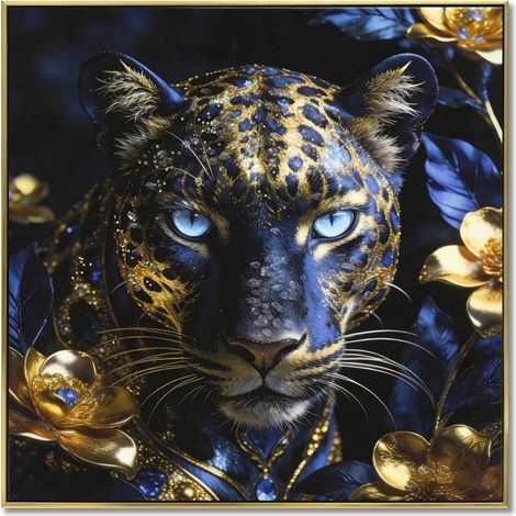 Cuadro de leopardo en lienzo azul marino y dorado 52 cm (1/4)