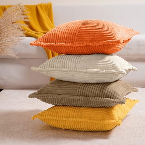 Juego de 4 fundas de cojín cuadradas de pana con diseño de patchwork，verde salvia + amarillo jengibre + marrón + beige，4545 cm (1/5)