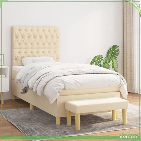 Lit 1 place - 3137362 - Sommier à lattes - Matelas 90x190 cm - Tissu crème (1/5)