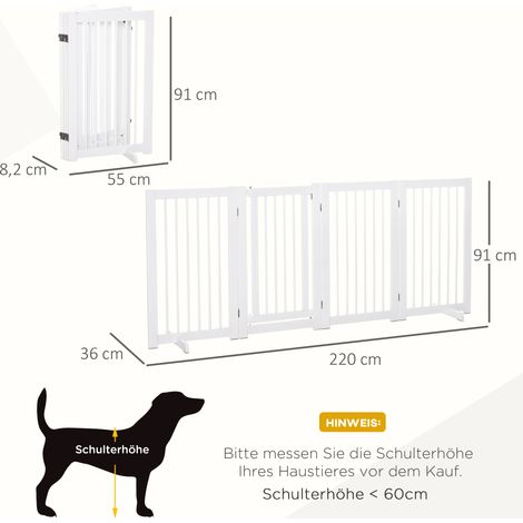 Absperrgitter Hund Freistehendes Schutzgitter mit Füßen 220 x 91 cm Holz Hundegitter Treppenschutzgitter Türschutzgitter Treppengitter für Treppen, Türen, Küche, Flur, 4 Paneelen, Weiß (1/5)