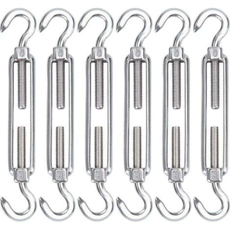M5 Tendeur Cable Acier Inoxydable, Lot de 6 Tendeur de Fil Crochet et Crochet Réglable Heavy Duty Tension Hook & Hook pour Corde Cable Fil à Linge, Grillagefor Sun Shade Installation. (1/4)