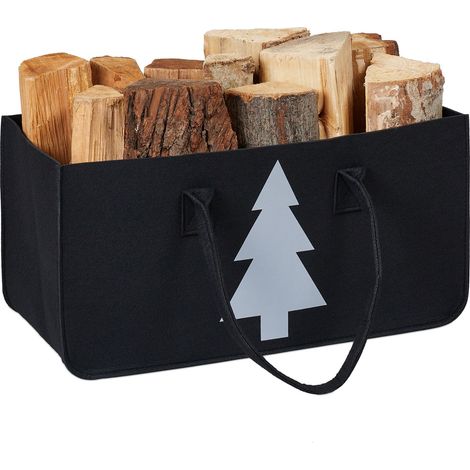 Relaxdays Bolsa para Leña, 28l, Cesta de Almacenaje de Madera XXL, Dibujo de Pino, Fieltro,  25x50x25 cm, Negro y Blanco