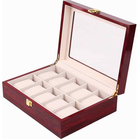 1 Boîte de rangement montre, 10 grilles, verre, bois, bijoux, maison (1/5)