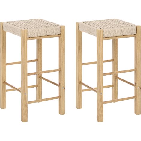 Conjunto de 2 sillas de bar con asiento trenzado de madera de caucho estilo boho cocina marrón claro Embrun (1/4)