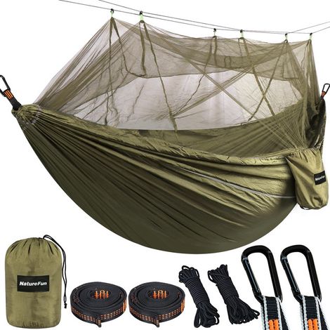 Hamac de Camping avec Moustiquaire Suspendu Toile de Parachute Ultra-léger Respirant pour Jardin Voyage Randonnée Camping Extérieur