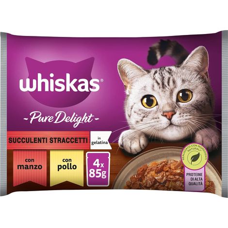 WHISKAS PURE DELIGHT CARNE IN GELATINA 4X85 GR 2 GUSTO POLLO 2 GUSTO MANZO (1/5)