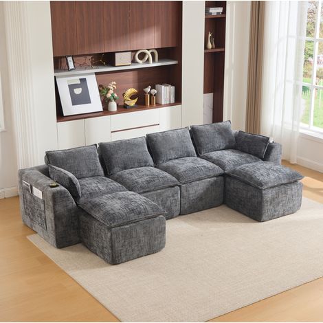 Modulares 4-Sitzer-Sofa 322x161x75 cm dunkelgrau Chenille mit 2 Hockern, Kissen und Seitentaschen (1/5)