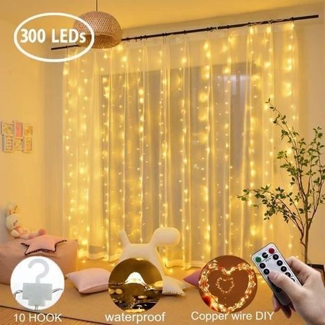 300 luci a LED per tende nuziali, 3 m x 3 m, 8 modalità, luci a stringa bianco caldo, illuminazione per tende, decorazione natalizia fatata (1/3)