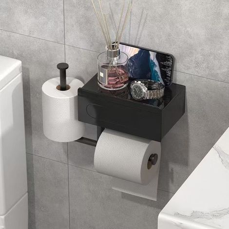 Porte-papier toilette 2 en 1 sans perçage, boîte à mouchoirs et porte-rouleau en un seul élément, étagère de rangement de salle de bain étanche et antirouille (noir) (1/4)