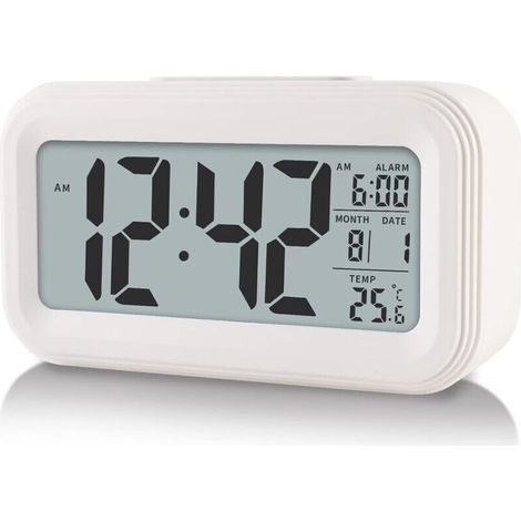 Digital alarm clock with room temperature display, battery operation, snooze function (white) (1/5)