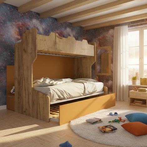 Letto a castello salvaspazio con scala contenitore - 1 Piazza e mezza + singolo - Quercia e zolfo (1/5)