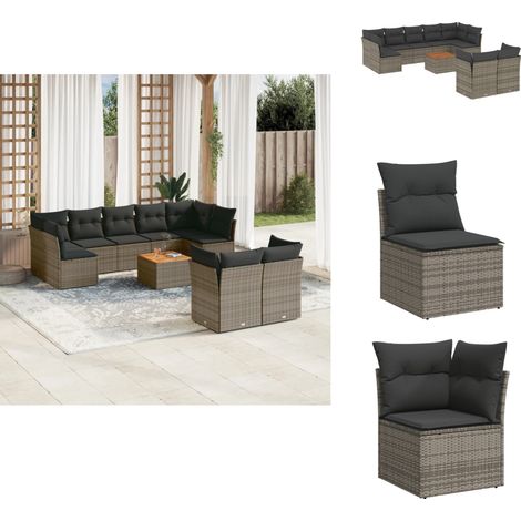 10-tlg. Garten-Sofagarnitur mit Kissen Grau Poly Rattan - Gartenmöbel Set - PE-Rattan Möbel - Outdoor Sofa - Lounge Set - Esstisch (1/5)