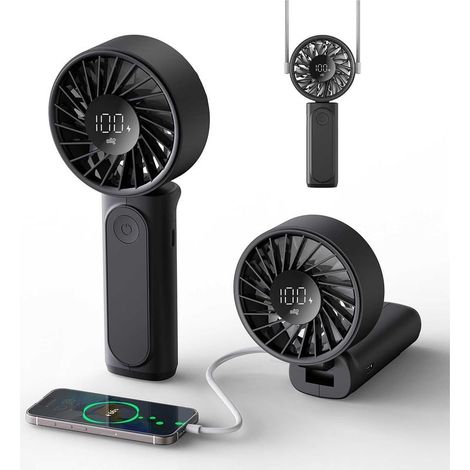 Ventilateur portable rechargeable 4000 mAh, mini ventilateur de bureau pliable à 180° avec 6 vitesses réglables, écran LCD numérique, usage en collier ou sur bureau, ultra silencieux, format poche com (1/5)