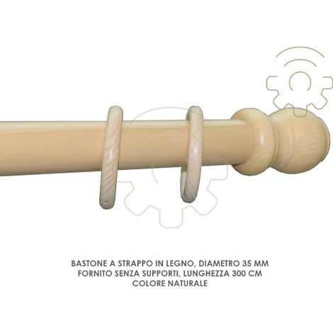 Capaldo – Tringle à rideau coulissante en bois naturel 35 mm longueur 300 cm – Compatible avec rideaux légers à moyens – Anneaux fournis