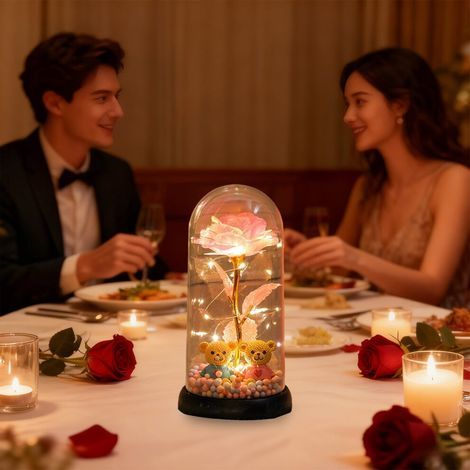 Lampe rose en verre à piles, cadeau de Noël pour femmes, épouses et grands-mères veilleuse LED en forme de deux ours en peluche avec fleurs préservées, cadeau de Saint-Valentin ou d'anniversaire. (1/5)