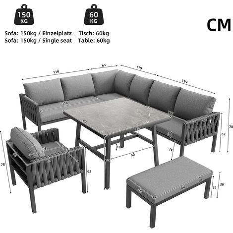 ELVMI Salotto da Giardino con 2 Divani, 1 Poltrona, 1 Panchina e 1 Tavolo, Cuscini Inclusi, Metallo e Poliestere, Grigio (1/4)