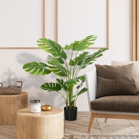 Pianta artificiale, Monstera Deliciosa realistica, 1 vaso e terriccio in cemento, 17,5 cm x 17,5 cm x 120 cm, verde