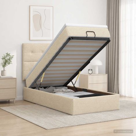 Cama otomana con colchón con cabecera Crema 100 x 200 cm Tela (1/5)